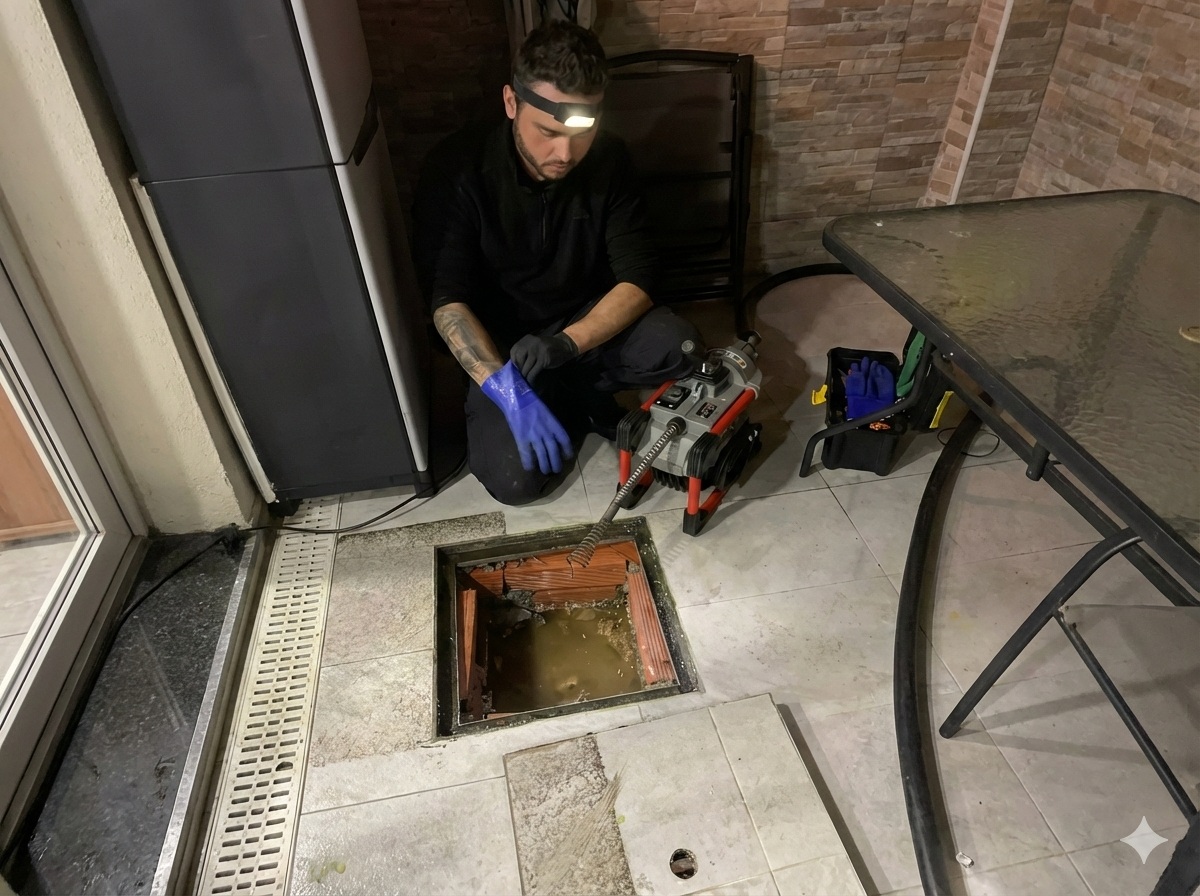 Canalizador profissional a desentupir um ralo de duche com equipamento de hidrojateamento